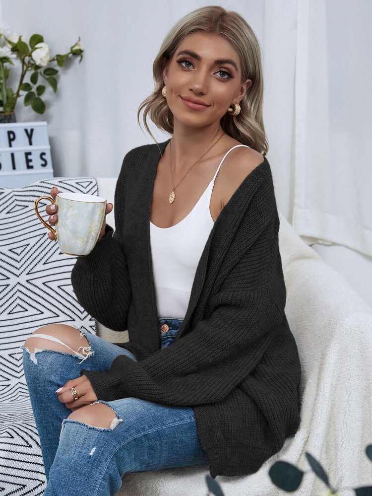 Open Front Drop Shoulder Solid Cardigan,Long Sleeve Tops Fall Winter Cloth For Women