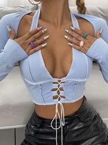 SHEIN Unity Lace Up Top-stitching Crop Halter Top & Bolero - Baby Blue - View 3