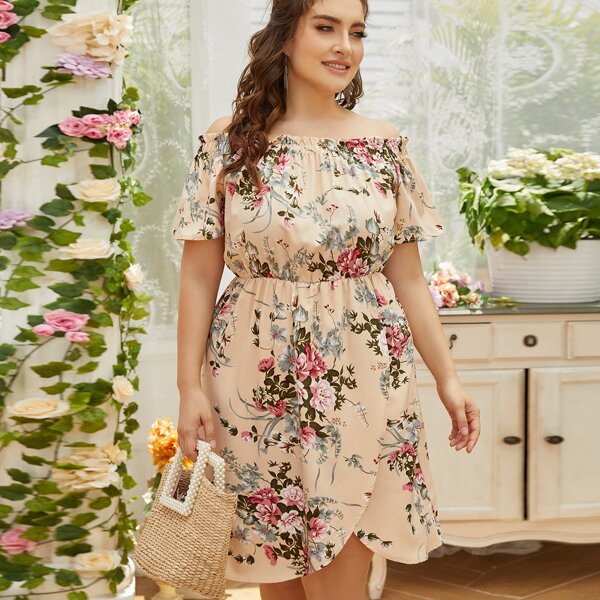 

Plus Allover Floral Print Off Shoulder Wrap Hem Dress, Multicolor