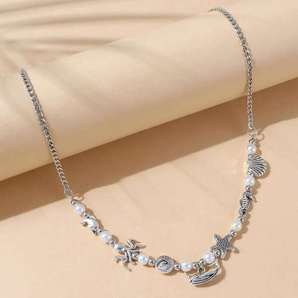 

Faux Pearl Decor Necklace, Silver