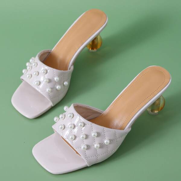 

Faux Pearl Decor Quilted Sculpture Heeled Sandal Mules, Beige