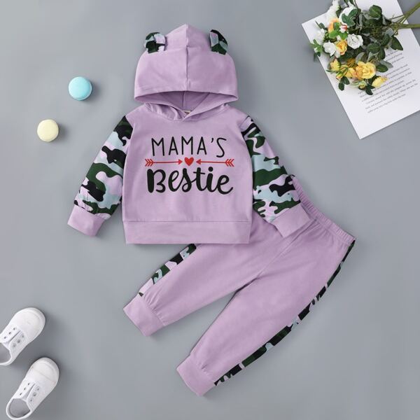 

Baby Girl Contrast Camo 3D Ear Design Hoodie With Sweatpants, Lilac purple