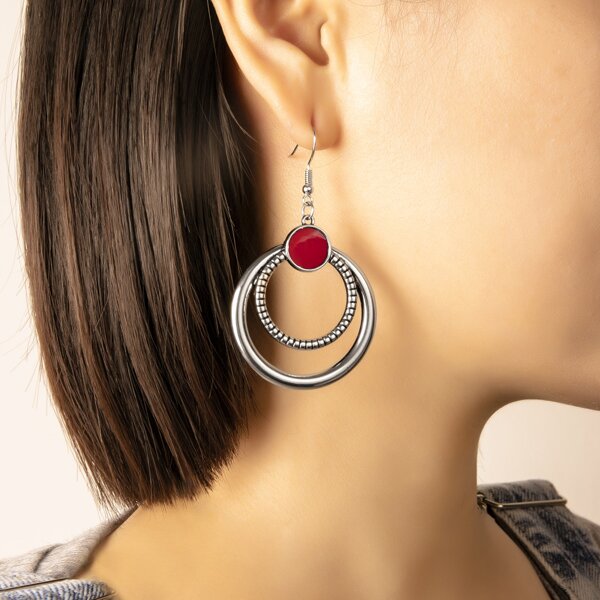 

Circle Drop Earrings, Red