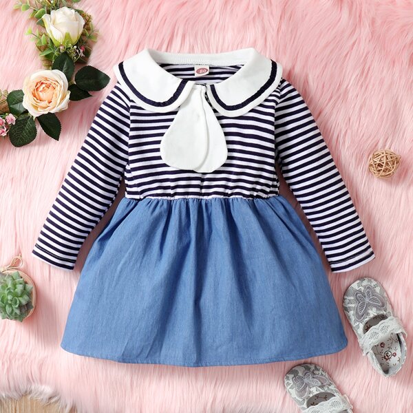 

Baby Striped Peter-pan Collar Denim Dress, Multicolor