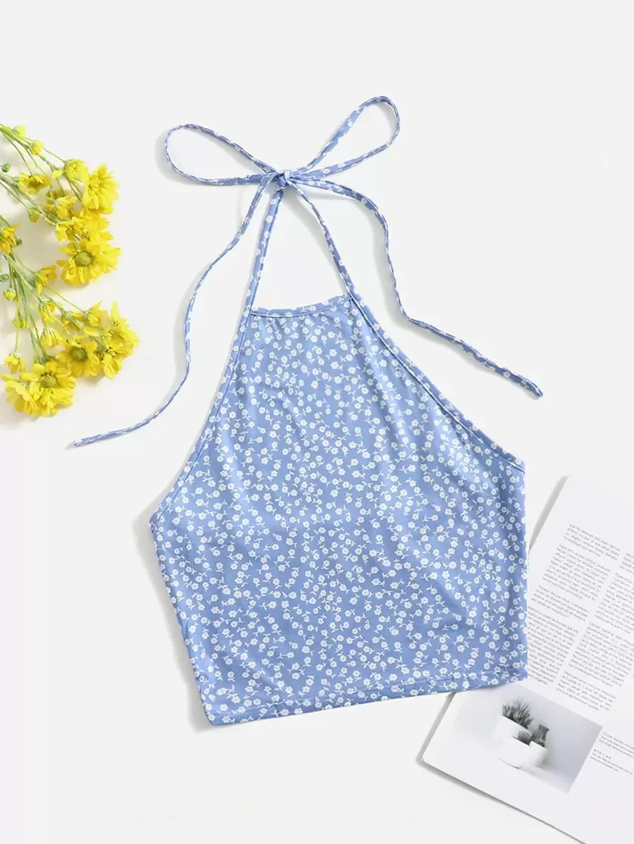 Soleia Áo hai dây Lộ Lưng Buộc lại Họa tiết hoa Boho - Màu xanh nhạt - Xem 1