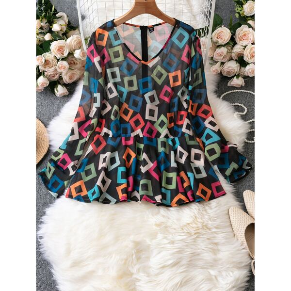 

Plus Geo Print Peplum Chiffon Blouse, Multicolor