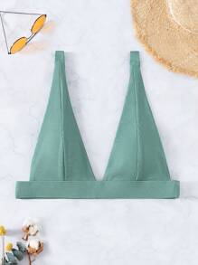 Plain Ribbed V Neck Bikini Top, For Summer Beach Vacation - Army Green - View 1