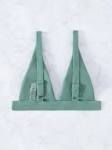 Plain Ribbed V Neck Bikini Top, For Summer Beach Vacation - Army Green - View 2
