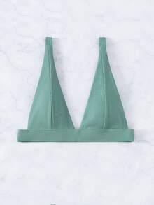 Plain Ribbed V Neck Bikini Top, For Summer Beach Vacation - Army Green - View 3