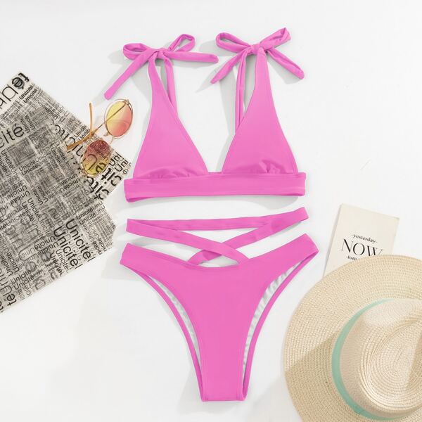 

Tie Shoulder Crisscross Bikini Swimsuit, Pink