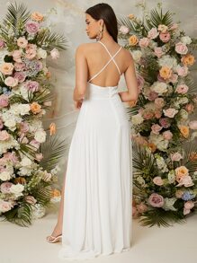 SHEIN Belle Crisscross Backless Split Thigh Cami Dress White Elegant Wedding Bridal Dress,Bridesmaid Dress - White - View 2