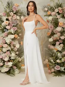 SHEIN Belle Crisscross Backless Split Thigh Cami Dress White Elegant Wedding Bridal Dress,Bridesmaid Dress - White - View 3