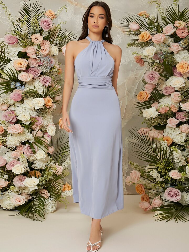 halter ruched waist georgette bridesmaid dress Halter Ruched Waist Georgette Bridesmaid Dress