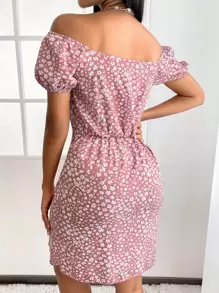 Ditsy Floral Print Knot Front Puff Sleeve Dress - Pink - View 2