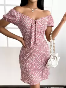 Ditsy Floral Print Knot Front Puff Sleeve Dress - Pink - View 3