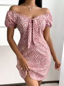 Ditsy Floral Print Knot Front Puff Sleeve Dress - Pink - View 4