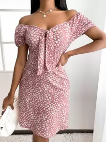 Ditsy Floral Print Knot Front Puff Sleeve Dress - Pink - View 5