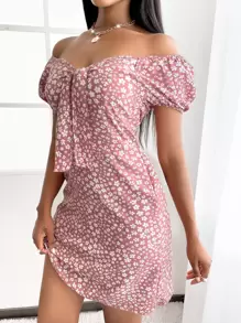 Ditsy Floral Print Knot Front Puff Sleeve Dress - Pink - View 6