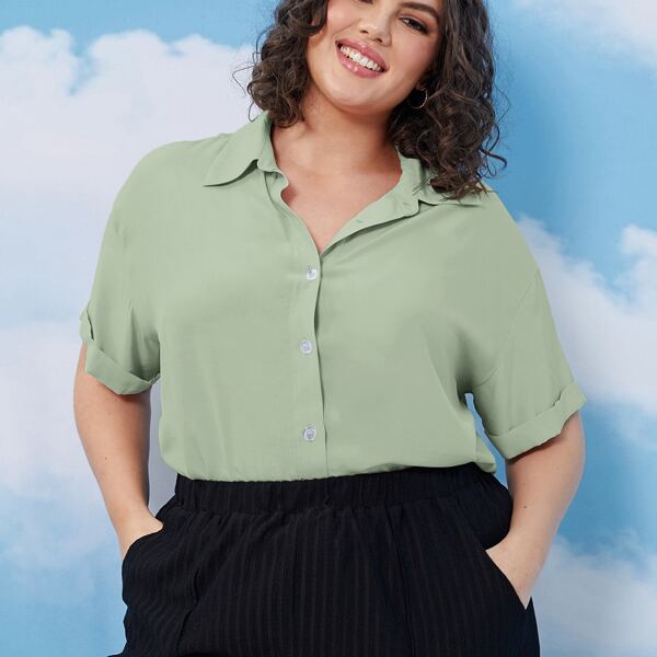 

Plus Cuffed Sleeve Blouse, Mint green