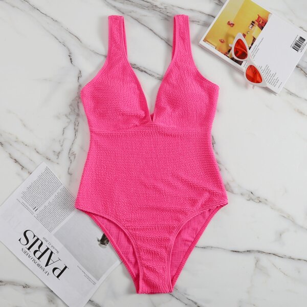 

Textured V Neck One Piece Swimsuit, Hot pink