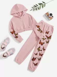 SHEIN 女孩前拉鏈蝴蝶圖案運動衫和慢跑褲套裝 - 藕粉色 - 查看 1