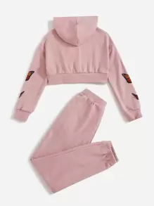 SHEIN 女孩前拉鏈蝴蝶圖案運動衫和慢跑褲套裝 - 藕粉色 - 查看 2