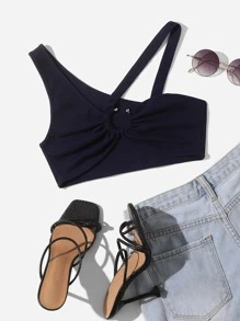 SHEIN ICON Asymmetrical Neck O-ring Detail Top - Navy Blue - View 1