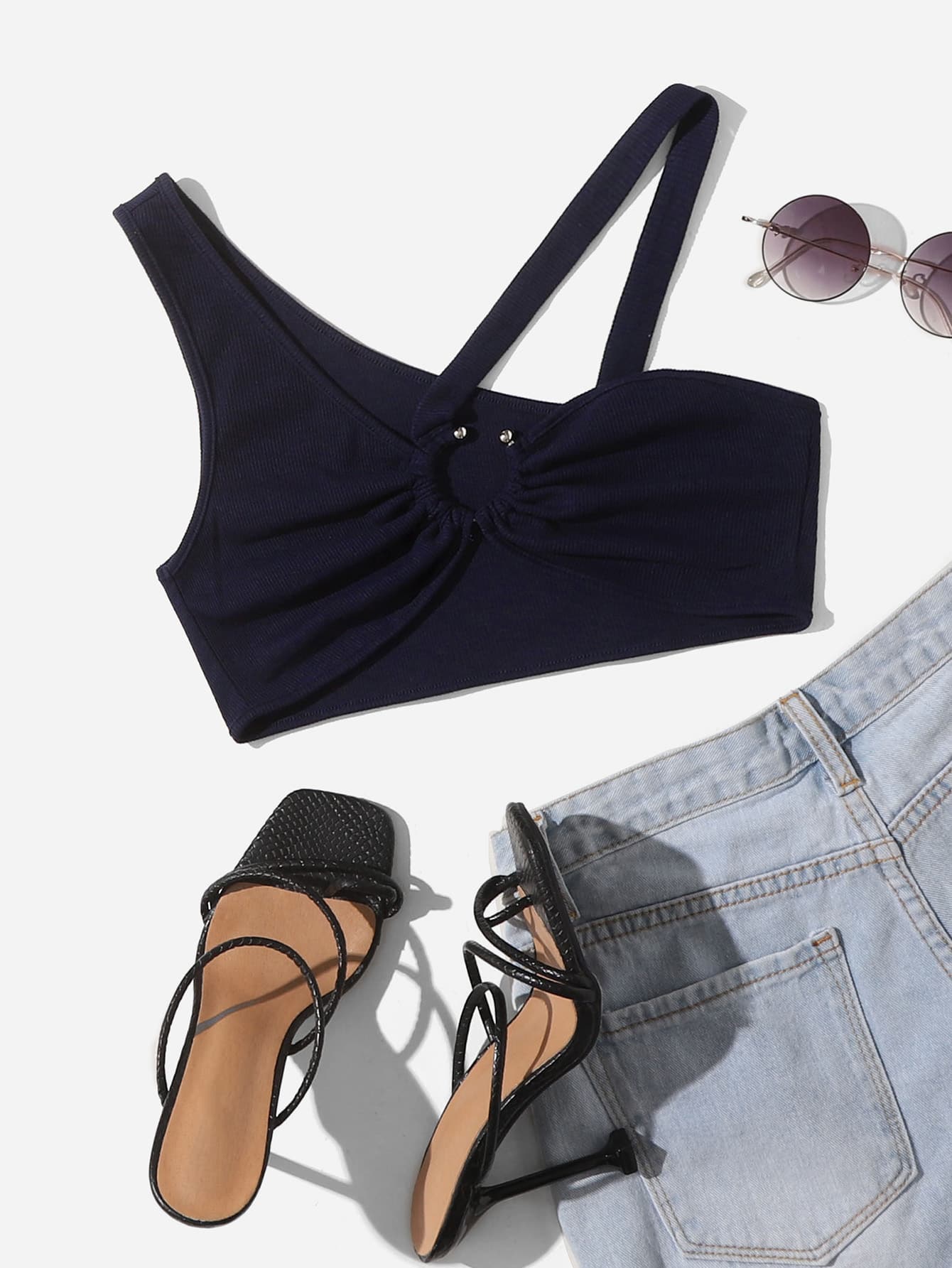 SHEIN ICON Asymmetrical Neck O-ring Detail Top - Navy Blue - View 1