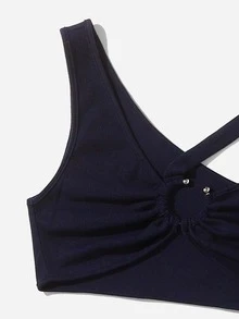 SHEIN ICON Asymmetrical Neck O-ring Detail Top - Navy Blue - View 5