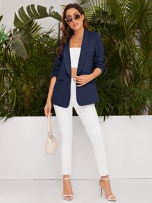 BizChic 女士浪漫优雅休闲西装外套，披肩领，3/4 袖，前开襟，适合商务、办公室、日常穿着，秋季 - 藏蓝色 - 查看 3