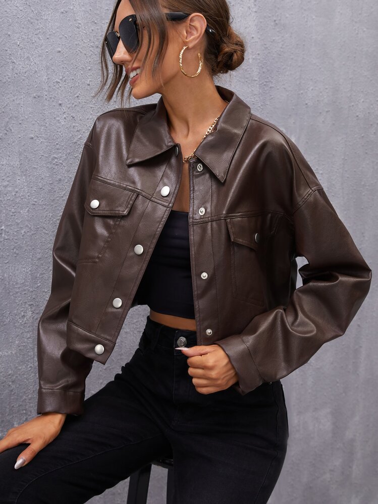 SHEIN Coolane Drop Shoulder PU Leather Crop Shacket - Chocolate Brown - View 1