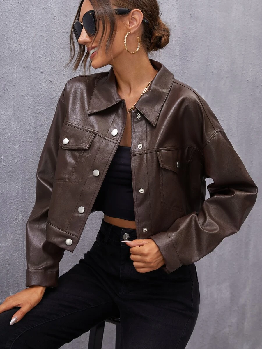 SHEIN Coolane Drop Shoulder PU Leather Crop Shacket - Chocolate Brown - View 1