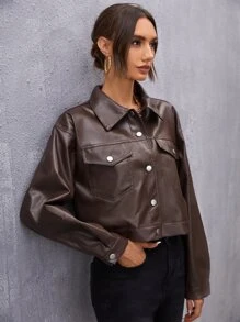 SHEIN Coolane Drop Shoulder PU Leather Crop Shacket - Chocolate Brown - View 4