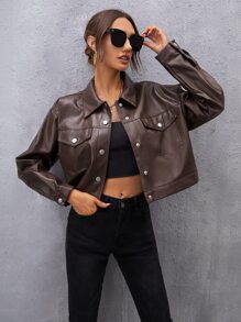 SHEIN Coolane Drop Shoulder PU Leather Crop Shacket - Chocolate Brown - View 5