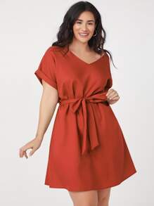 SHEIN Plus Roll Up Sleeve Solid Belted Dress - Burnt Orange - View 1