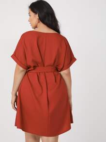 SHEIN Plus Roll Up Sleeve Solid Belted Dress - Burnt Orange - View 2