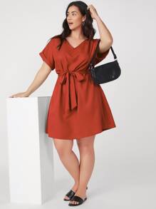 SHEIN Plus Roll Up Sleeve Solid Belted Dress - Burnt Orange - View 3