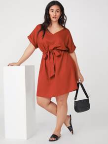SHEIN Plus Roll Up Sleeve Solid Belted Dress - Burnt Orange - View 5