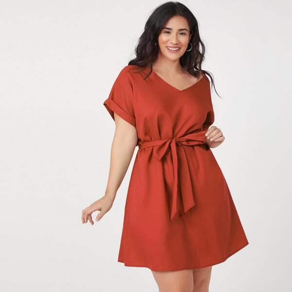 

Plus Roll Up Sleeve Solid Belted Dress, Burnt orange