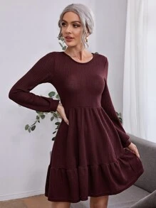 Vestido línea A tejido waffle bajo con fruncido - Granate - Ver 1