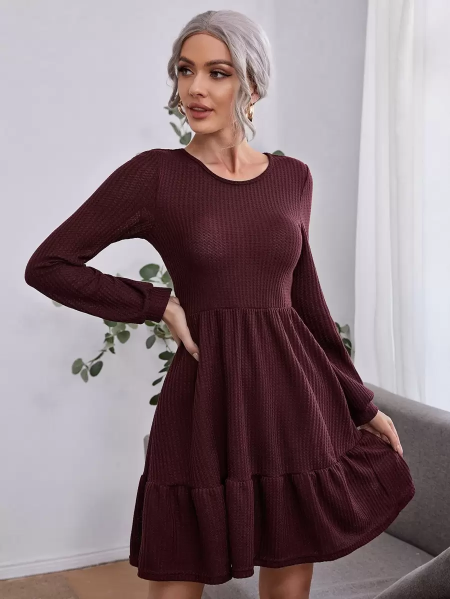 Vestido línea A tejido waffle bajo con fruncido - Granate - Ver 1