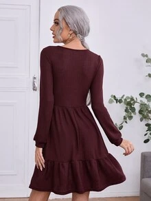 Vestido línea A tejido waffle bajo con fruncido - Granate - Ver 2