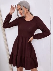 Vestido línea A tejido waffle bajo con fruncido - Granate - Ver 3