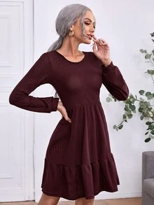 Vestido línea A tejido waffle bajo con fruncido - Granate - Ver 4