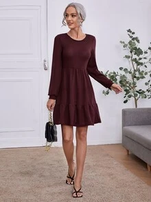 Vestido línea A tejido waffle bajo con fruncido - Granate - Ver 5