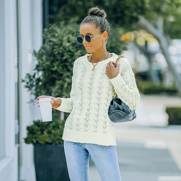 

Pointelle Knit Drop Shoulder Sweater, White