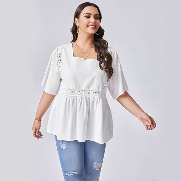 

Plus Contrast Lace Square Neck Babydoll Blouse, White
