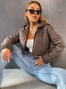 SHEIN MOOSTA Zip Up Hooded Crop Padded Padded Coat Clothes Winter - Brown - View 1