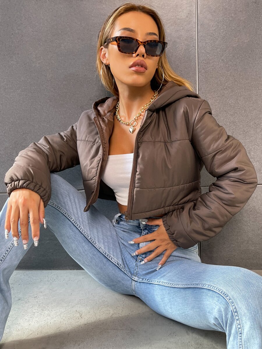 SHEIN MOOSTA Zip Up Hooded Crop Padded Padded Coat Clothes Winter - Brown - View 1