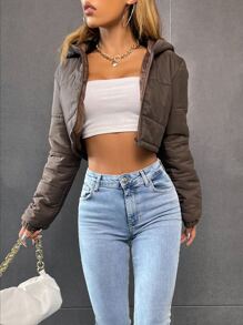 SHEIN MOOSTA Zip Up Hooded Crop Padded Padded Coat Clothes Winter - Brown - View 3